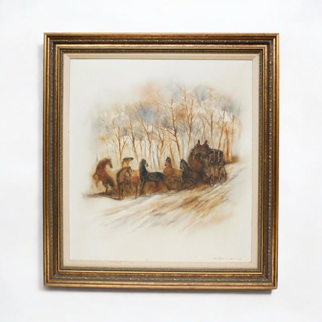Textile Mid-Century Large Signed Oil on Canvas - Western Horse & Carriage Gilt Framed For Sale - Image 7 of 8