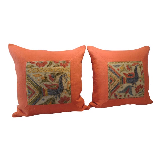 Vintage Bright Orange Indian Suzani Square Decorative Pillows - Set of 2 For Sale