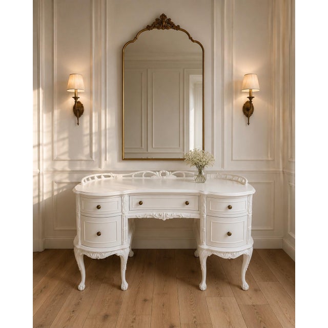 Beautiful vintage French Provincial kidney-shaped desk, professionally restored in a timeless vintage ivory Soft satin...