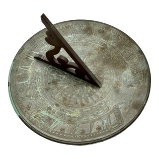 Fine Antique Large 12 Inch Size Solid Cast Bronze Sundial With Extensivly Detailed Calibrations Circa Early 1900s For Sale