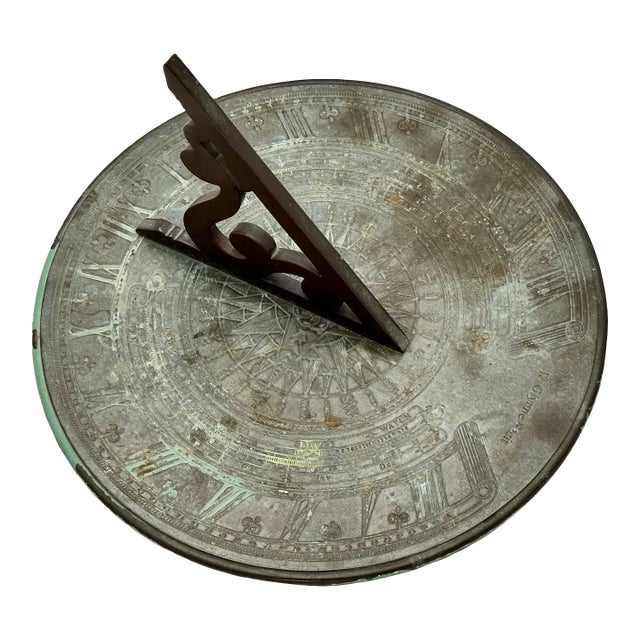 Fine Antique Large 12 Inch Size Solid Cast Bronze Sundial With Extensivly Detailed Calibrations Circa Early 1900s For Sale