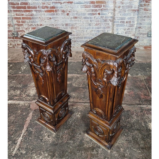 Heavily Carved Wood French Pedestals w/Marble top -a Pair Green marble top platform Dimensions : 42' H x 13" W x 13" D A...