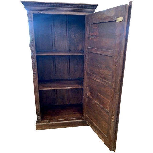 Farmhouse Vintage Carved Single Door 58" Tall Distressed Armoire For Sale - Image 3 of 5