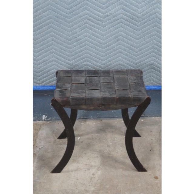Mid 20th Century Vintage French Industrial Iron & Woven Leather Saber Leg Stool Bench Seat For Sale - Image 6 of 11