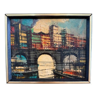 1992 Rémi Chapelle Signed Original Oil on Canvas European Canal Cityscape Painting For Sale