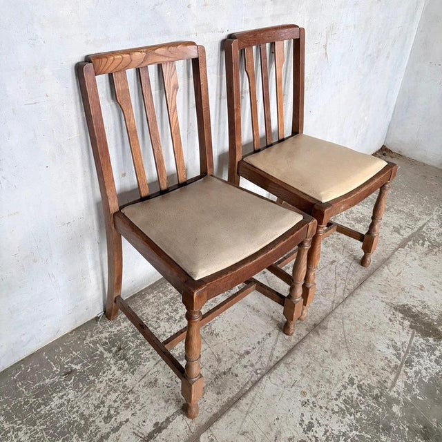Brown Vintage Oak Dining Chairs with Turned Legs, 1950s, Set of 2 For Sale - Image 8 of 11