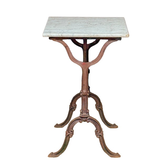 French Bistro Table With Figured White Marble Top and Cast Iron Base For Sale - Image 4 of 12