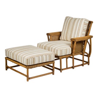 Vintage Natural Wicker Lounge Chair + Ottoman For Sale