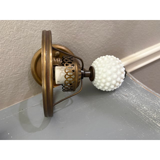 Metal Mid 20th Century Pair of Mid-Century Hobnail Milk Glass Wall Sconces With Brass Hardware Lavery & Co Underwriters Laboratories For Sale - Image 7 of 12