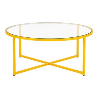 Vintage Canary Yellow & Glass Round Coffee Table — Minimalist Geometric Frame For Sale