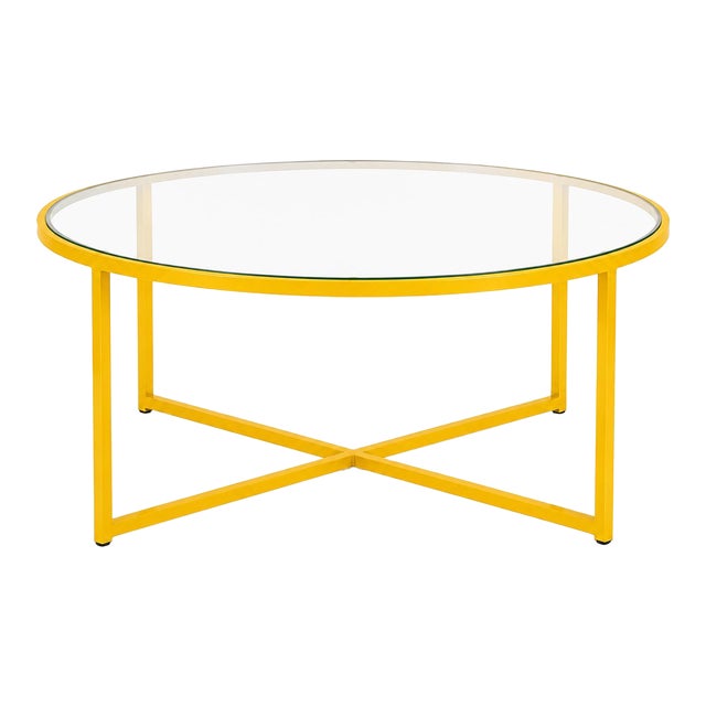 Vintage Canary Yellow & Glass Round Coffee Table — Minimalist Geometric Frame For Sale