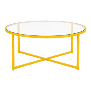 Vintage Canary Yellow & Glass Round Coffee Table — Minimalist Geometric Frame