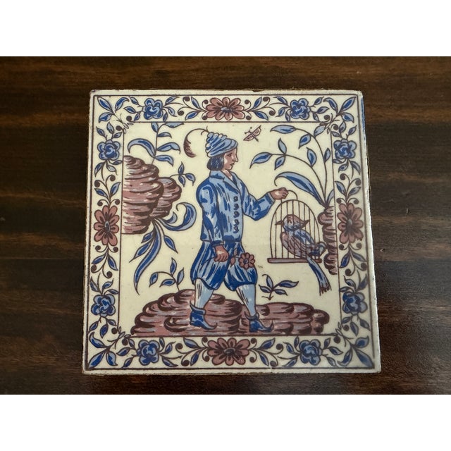 French Country Vintage Delft Tile Matchbox Holder With Hand-Painted Birdcage Scene For Sale - Image 3 of 12