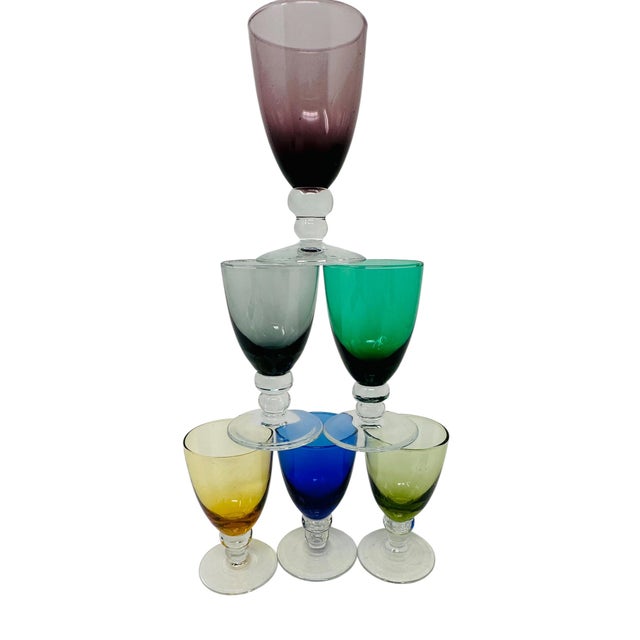 Overview: Add a vibrant, sophisticated touch to your bar cart with this pristine, complete "harlequin" set of six liqueur...