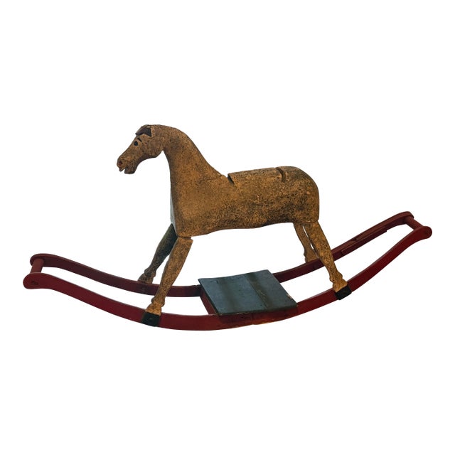 Antique Hand-Carved Wooden Rocking Horse With Original Painted Finish For Sale