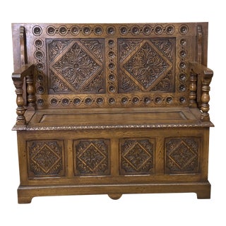 Antique English Monks Bench with Storage & Adjustable Top For Sale