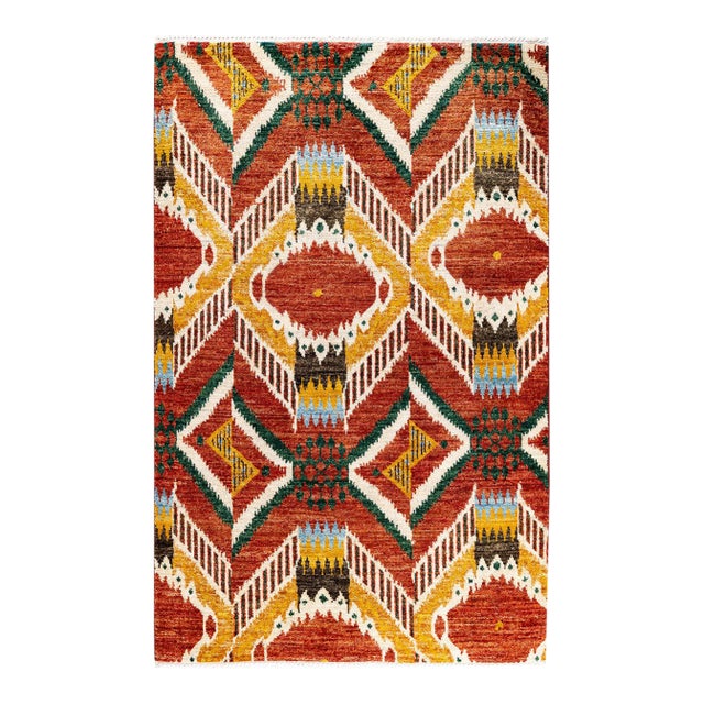 Modern, One-of-a-Kind Hand-Knotted Area Rug - Red, 4' 1" x 6' 3" For Sale