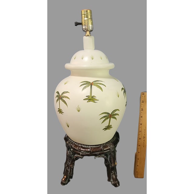 Wood Vintage Ceramic Hand Painted Tropical Palm Trees Bamboo Footed Base Table Lamp For Sale - Image 7 of 12