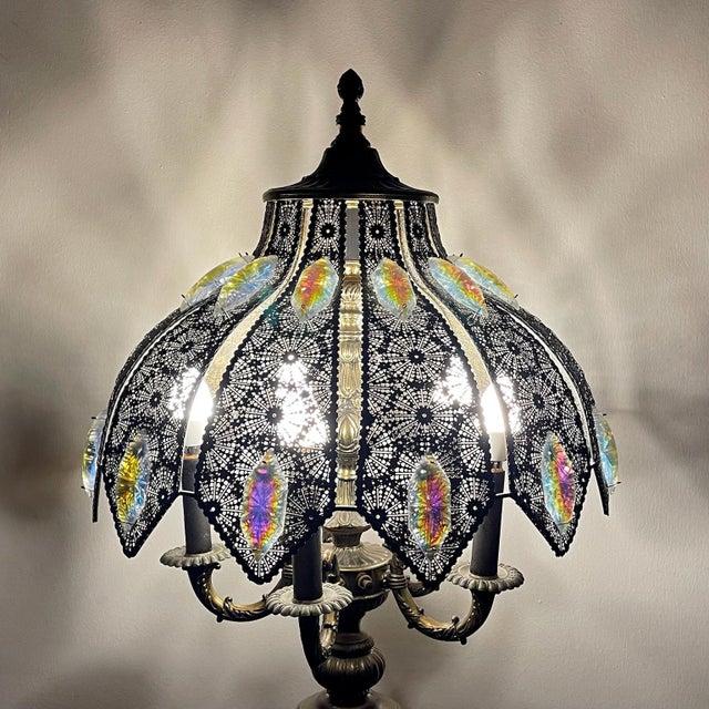 Vintage 38” Hollywood Regency Brass & Marble Prism Lamp For Sale - Image 10 of 10