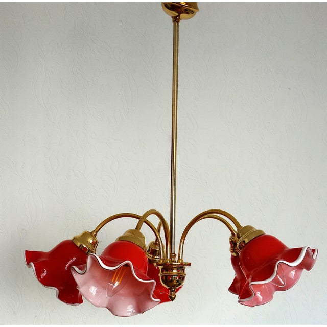 Vintage Brass and Glass 5-Light Chandelier, 1980s, in Very Good conditions. Designed 1980 to 1989 I have official proof of...