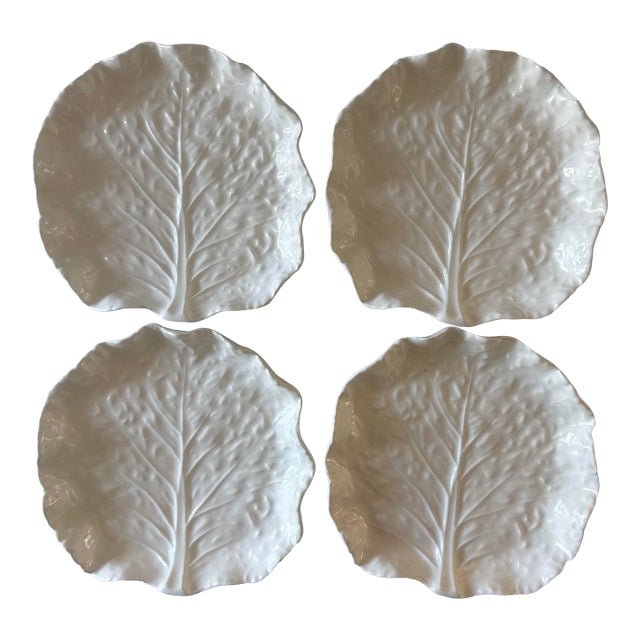 Set of 4 White Ceramic Cabbage Leaf Plates For Sale