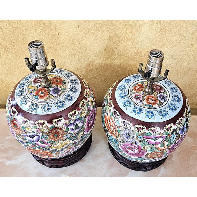 Vintage Hand-Painted Floral Porcelain Table Lamps – a Pair For Sale - Image 13 of 18