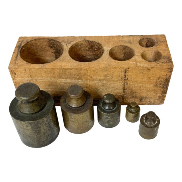 Five 19th C. French Bronze Metric (Apothecary ) Weights, Original Wooden Block For Sale