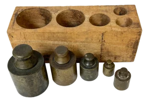 Five 19th C. French Bronze Metric (Apothecary ) Weights, Original Wooden Block