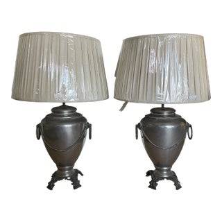 Pair of Mid 20th Century Pewter Finish Lamps With New Linen Pleated Shades For Sale