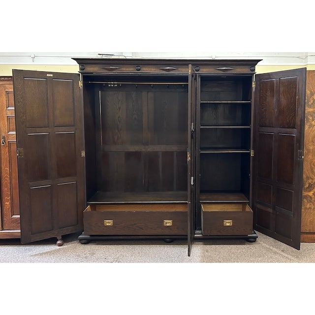 Antique English Oak Jacobean Revival Armoire c.1910 For Sale - Image 4 of 15
