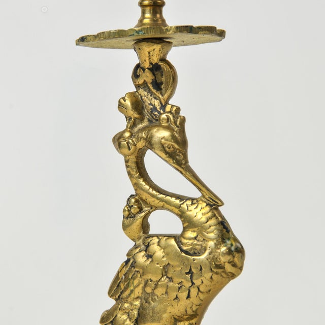 Art Nouveau Style Vintage Brass Crane Candlestick Pair For Sale - Image 4 of 12