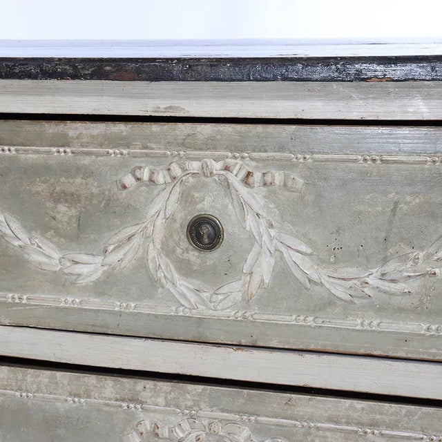 French Swedish Gustavian Painted Two-Drawer Chest With Carved Laurel Swags, Late 18th Century For Sale - Image 3 of 17