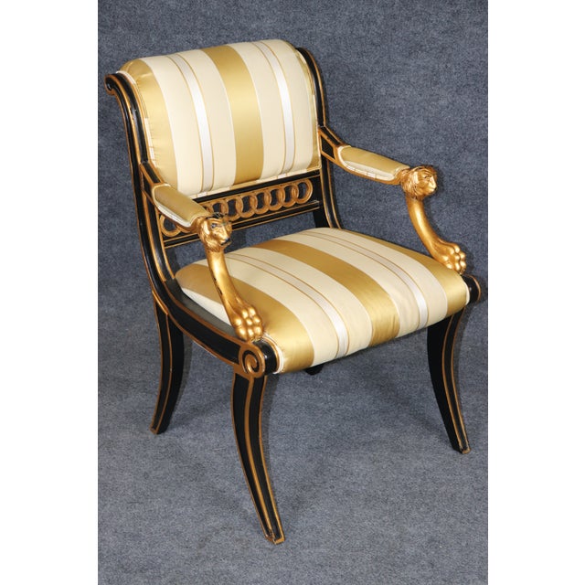 Pair English Regency Thomas Hope Style Ebonized & Gilt Armchairs For Sale - Image 12 of 16