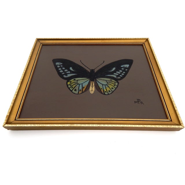 On offer is an original painting on board of a butterfly specimen in blue and green. Set against a dark background....