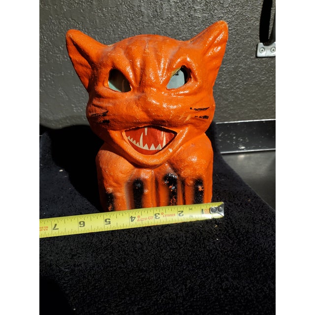 Vintage Molded Papier-Mâché Halloween Orange Cat Candy Container / Lantern For Sale - Image 9 of 11