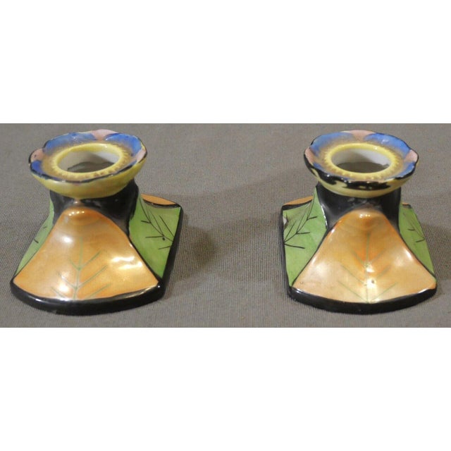 1930’s Japanese Art Deco Lustreware Porcelain Hand-Painted Leaf Motifs Candlesticks (Showa Period) - A Pair For Sale - Image 4 of 7