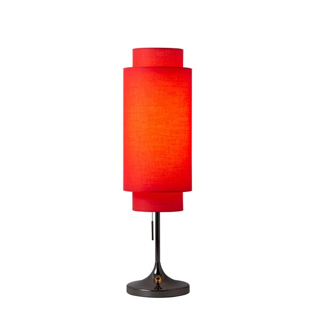 Lollipop Table Lamp - Black Nickel, Crimson Red Linen Double Shade, on/Off Pull Chain For Sale In Los Angeles - Image 6 of 15