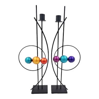 Rick Martin Signed Abstract Modernist Memphis Pop Art Steel Candlesticks Pair For Sale