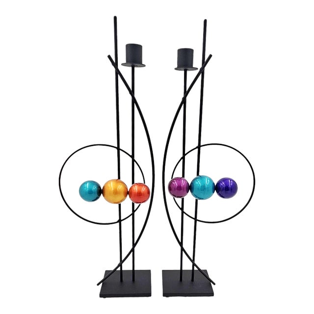 Rick Martin Signed Abstract Modernist Memphis Pop Art Steel Candlesticks Pair For Sale