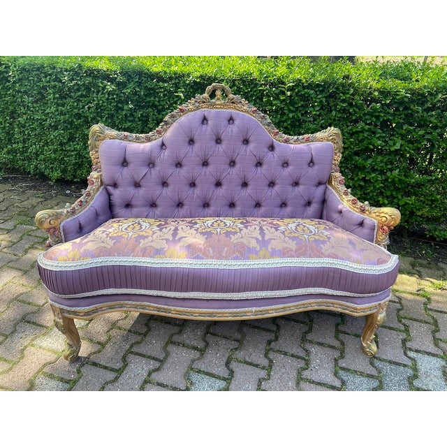 1980 French Louis XVI Gilded Beech Purple Damask Settee For Sale - Image 6 of 15
