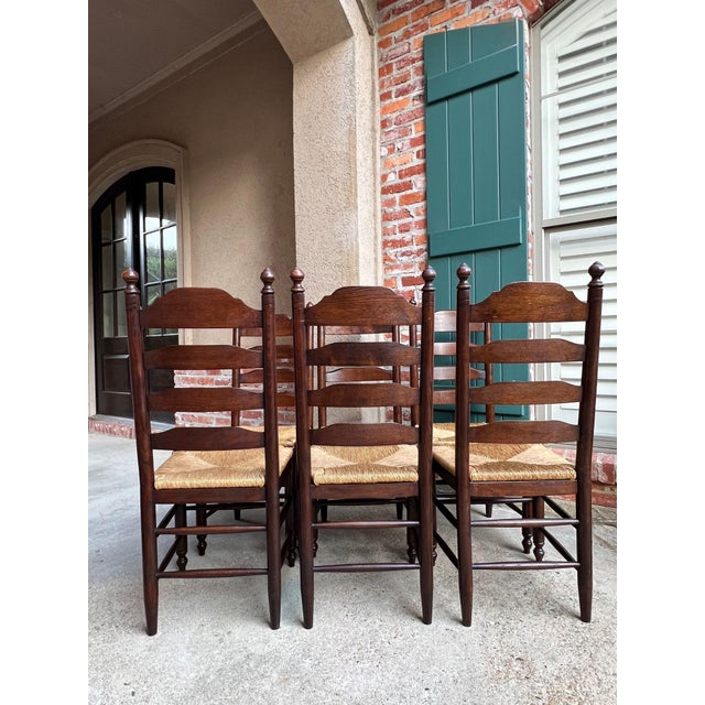 Vintage English Dining Chairs Set 6 Oak Ladder Back Rush Seat Woven For Sale - Image 16 of 18