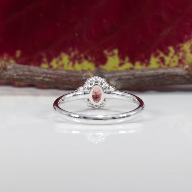 Pink Aaa Padparadscha Sapphire Ring With Natural Diamonds Halo: Solid 14k Gold, 5x3mm, Size 6.75 For Sale - Image 8 of 9