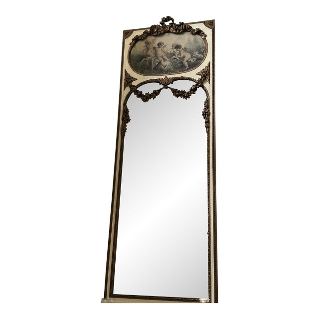Tall Gilded French Louis XV Style Trumeau Mirror With Cherubs For Sale