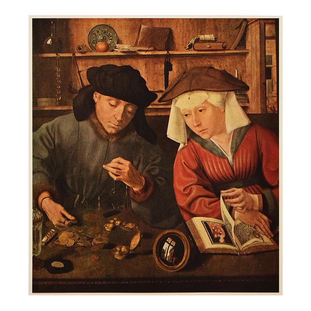 1956 After Quentin Massys "The Moneychanger and His Wife", Vintage Full-Color Print For Sale