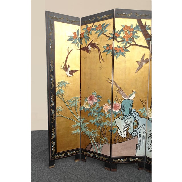 Asian Vintage Oriental Asian Gold Four Panel Screen Room Divider Coromandel W Birds For Sale - Image 3 of 12