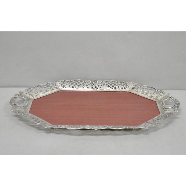 Victorian Vintage Victorian Melamine & Silver Plated Faux Wood Bar Liquor Serving Tray For Sale - Image 3 of 10