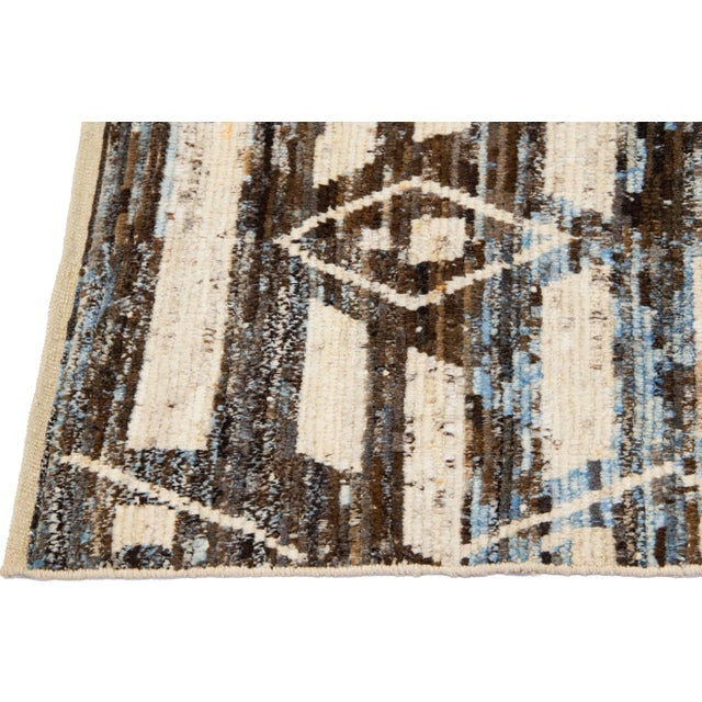 Modern Moroccan Style Handmade Geometric Beige & Brown Wool Runner For Sale - Image 4 of 7
