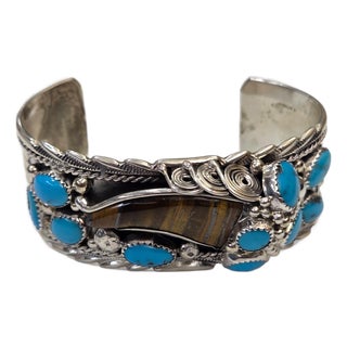 Mid 20th Century Running Bear Sterling Silver Navajo Cuff Bracelet Kingsman Turquoise & Tigers Eye Gemstone Claw by James Shay For Sale