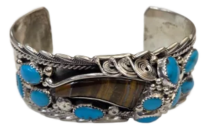 Mid 20th Century Running Bear Sterling Silver Navajo Cuff Bracelet Kingsman Turquoise & Tigers Eye Gemstone Claw by James Shay