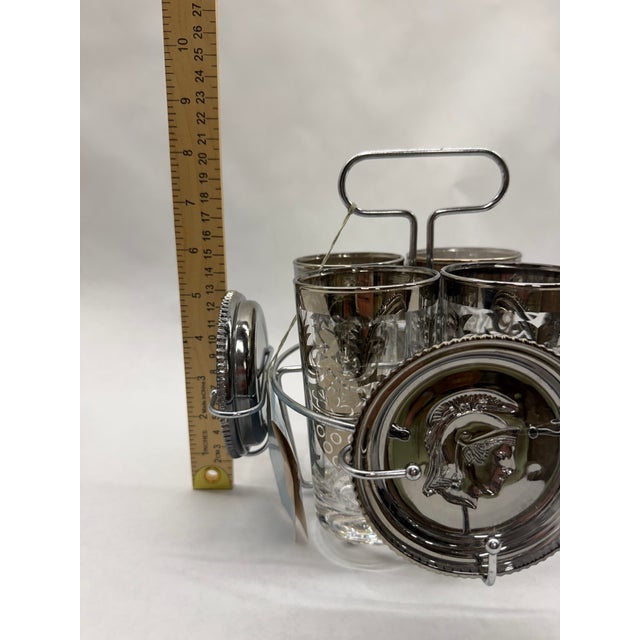 1960s Mid-Century Modern Silver Overlay Trojan Warrior Barware Caddy Set With Shot Glasses - 9 pcs For Sale - Image 9 of 11
